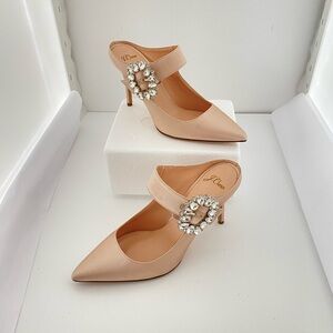 J. Crew Satin Heels in Light Pink with Crystal Buckle